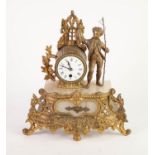 FRENCH LATE 19th CENTURY GILT SPELTER AND ALABASTER MANTEL CLOCK, the drum shaped 8 day movement