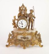 FRENCH LATE 19th CENTURY GILT SPELTER AND ALABASTER MANTEL CLOCK, the drum shaped 8 day movement