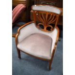 MAHOGANY TUB SHAPED EASY ARMCHAIR, the shield shaped back having fret carved open scroll work, the
