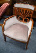 MAHOGANY TUB SHAPED EASY ARMCHAIR, the shield shaped back having fret carved open scroll work, the