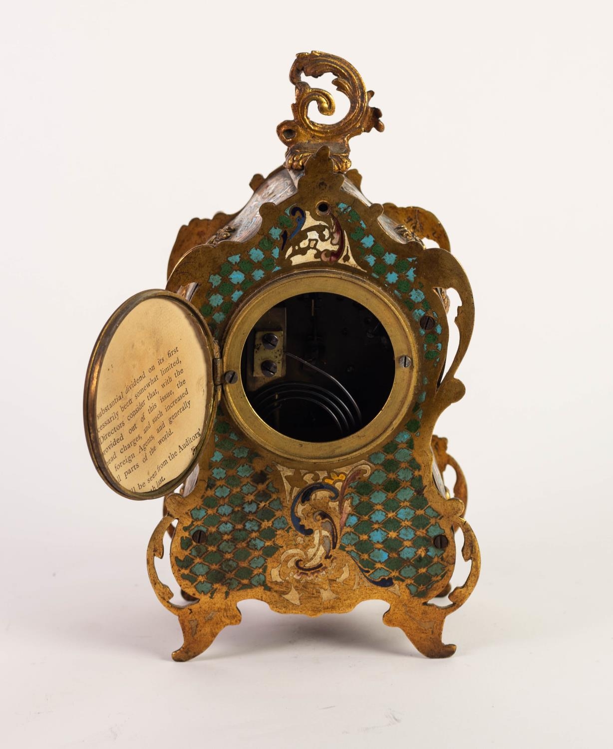 CIRCA 1900 FRENCH GILT METAL AND CHAMPLEVE ENAMEL ROCOCO REVIVAL CASED MANTEL CLOCK, the movement by - Image 8 of 8