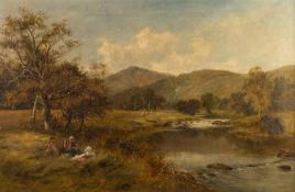 DAVID BATES (1840 - 1921) OIL PAINTING ON CANVAS River landscape, probably North Wales, with three