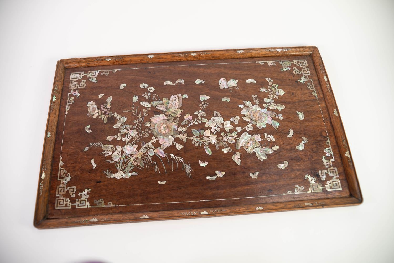 LATE NINETEENTH CENTURY CHINESE MOTHER OF PEARL INLAID HARDWOOD TRAY, of moulded rectangular form, - Image 2 of 12