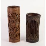 TWO CHINESE SIMILARLY CARVED BAMBOO BITONGS OR BRUSH POTS, each of typical form, decorated with