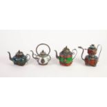 FOUR ORIENTAL SILVER COLOURED METAL MOUNTED PORCELAIN AND HARDSTONE MINIATURE TEA KETTLES, 5? (12.