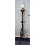 CIRCA 1900 JAPANNED WROUGHT IRON AND PLANISHED COPPER TELESCOPIC OIL LAMP STANDARD, in Art Nouveau