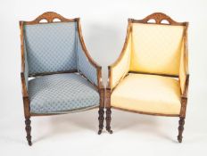 PAIR OF LATE VICTORIAN INLAID ROSEWOOD EASY CHAIRS, each with pierced top rails and downswept arms