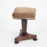 VICTORIAN ROSEWOOD ADJUSTABLE PIANO STOOL, the square, padded top covered in olde gold plush, set