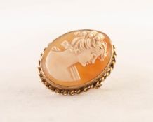 9ct GOLD FRAMED OVAL SHELL CAMEO BROOCH depicting a female head, 1 1/4in (3cm) high, 6.6 gms gross