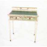 FRENCH STYLE SHABBY CHIC WHITE PAINTED SMALL BUREAU PLAT, the moulded oblong top with green faux