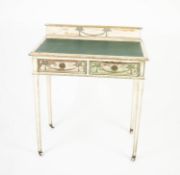 FRENCH STYLE SHABBY CHIC WHITE PAINTED SMALL BUREAU PLAT, the moulded oblong top with green faux