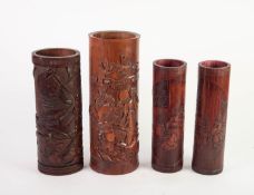 FOUR CHINESE CARVED BAMBOO BITONGS OR BRUSH POTS, each of typical form, one carved with warriors,