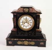 VICTORIAN AESTHETIC MOVEMENT INCISED AND GILT BLACK SLATE MANTEL CLOCK of large proportions, with