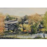 DAVID FORD WATERCOLOUR DRAWING Lancashire village scene with pond and figure in background Signed