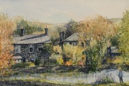 DAVID FORD WATERCOLOUR DRAWING Lancashire village scene with pond and figure in background Signed