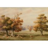 G.A. SHORT (early 20th Century) TWO SIMILAR WATERCOLOURS Landscapes with deer in parkland and