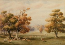 G.A. SHORT (early 20th Century) TWO SIMILAR WATERCOLOURS Landscapes with deer in parkland and