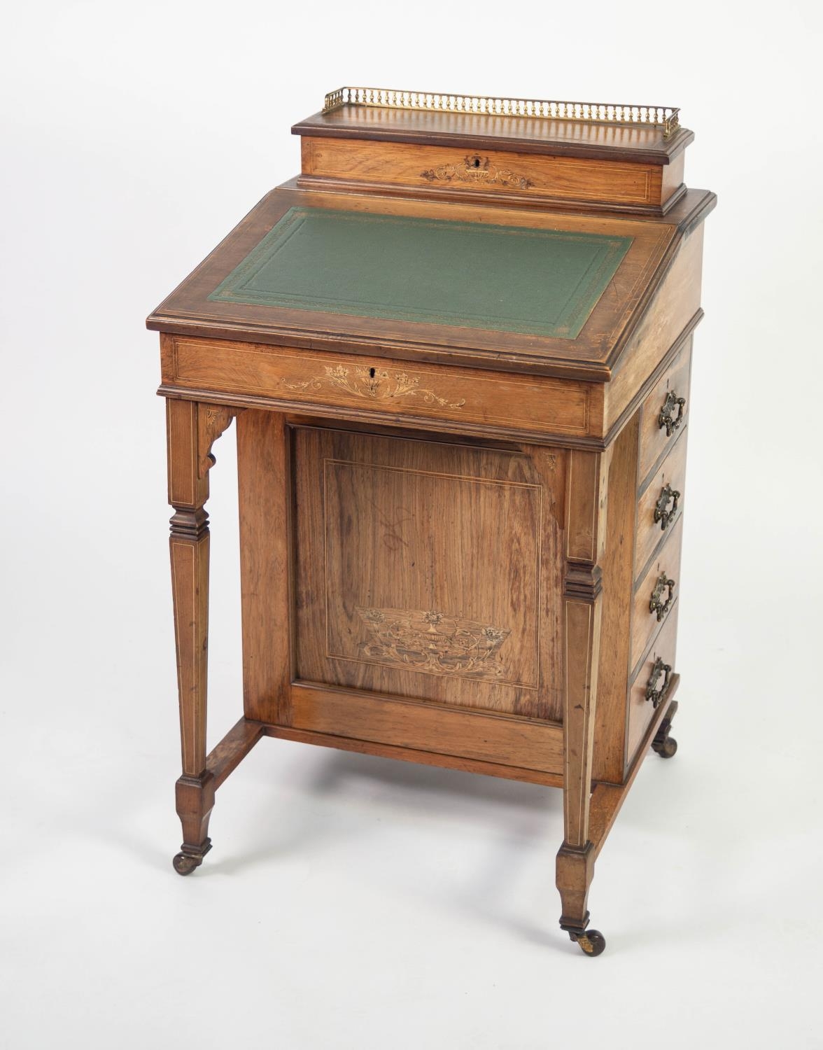 EDWARDIAN INLAID ROSEWOOD DAVENPORT DESK, of typical form with raised stationery compartment with