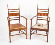 PAIR OF ARTS AND CRAFTS INLAID OAK OPEN ARMCHAIRS, each with central back rail inlaid with three
