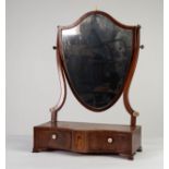 LATE GEORGIAN INLAID MAHOGANY TOILET MIRROR, the shield shaped plate within a crossbanded frame with