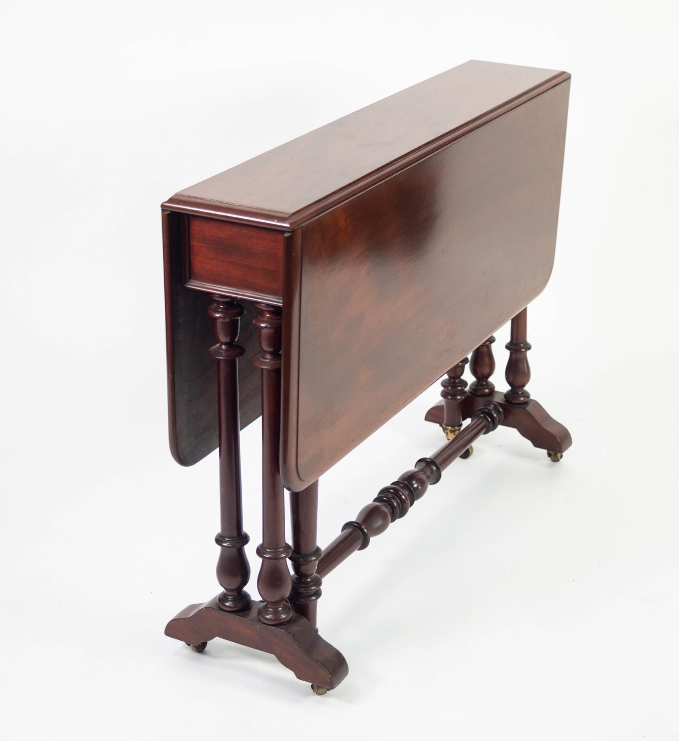 VICTORIAN MAHOGANY SUTHERLAND TABLE, with moulded, rounded oblong drop leaves and double turned