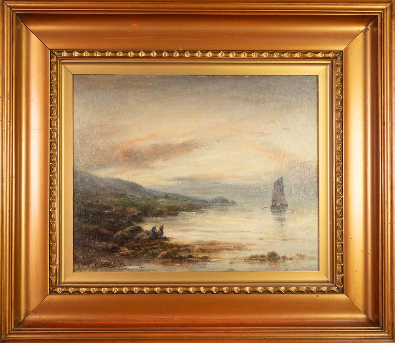 JAMES CHRISTIE BRUCE (late 19th/early 20th Century) OIL PAINTING ON BOARD Scottish loch with figures - Image 2 of 2