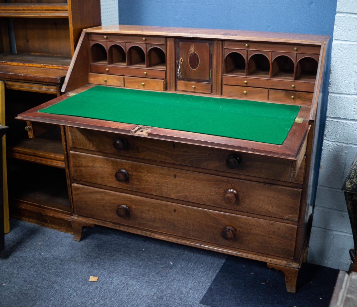GEORGE III MAHOGANY BUREAU, of typical form with well fitted interior of arch topped pigeon holes, - Image 2 of 2
