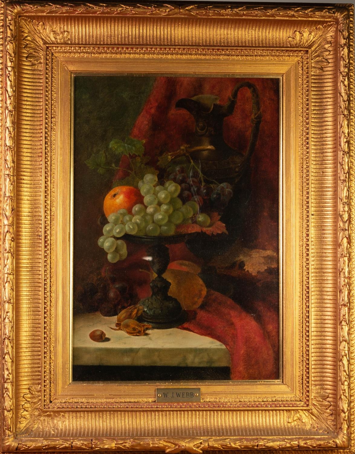 W.J. WEBB  OIL ON RELINED CANVAS  Still life of grapes, apples and hazelnuts, with a bronze tazza - Image 2 of 2