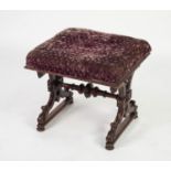 MID VICTORIAN CARVED WALNUT X FRAMED STOOL, the oblong, padded seat, covered in purple crushed