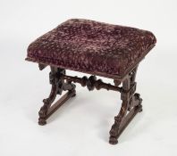 MID VICTORIAN CARVED WALNUT X FRAMED STOOL, the oblong, padded seat, covered in purple crushed