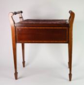 CIRCA 1920s MAHOGANY PIANO STOOL, padded lift-up seat with turned end rail handles, on square