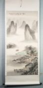 THREE MODERN CHINESE SCROLL PAINTINGS, painted in colours, two depicting mountainous river