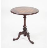 VICTORIAN MAHOGANY TRIPOD OCCASIONAL TABLE SET FOR CHESS, the circular, moulded top, inlaid in