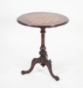 VICTORIAN MAHOGANY TRIPOD OCCASIONAL TABLE SET FOR CHESS, the circular, moulded top, inlaid in