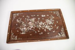 LATE NINETEENTH CENTURY CHINESE MOTHER OF PEARL INLAID HARDWOOD TRAY, of moulded rectangular form,