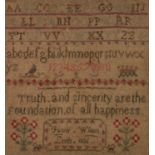 WILLIAM IV NEEDLEWORK SAMPLER with letters of the alphabet, numerals, a two line verse and