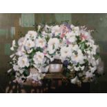 GOOD QUALITY MODERN ORIENTAL SILK WORKED PICTURE, still life vase overflowing with white trumpet