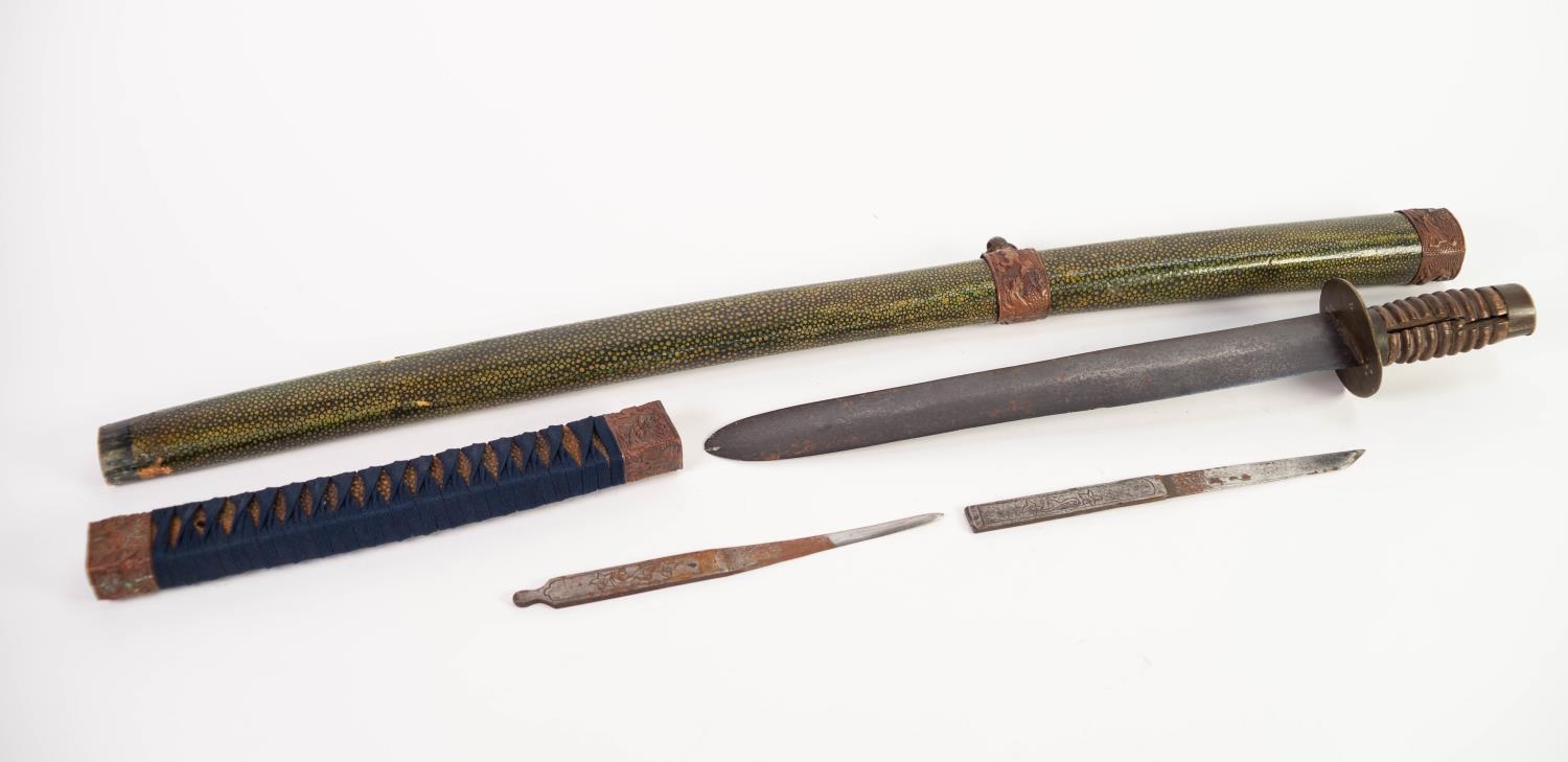 ORIENTAL SHAGREEN CLAD WOODEN SWORD SCABBARD, with embossed gilt metal mounts, 29 ½? (75cm) long,