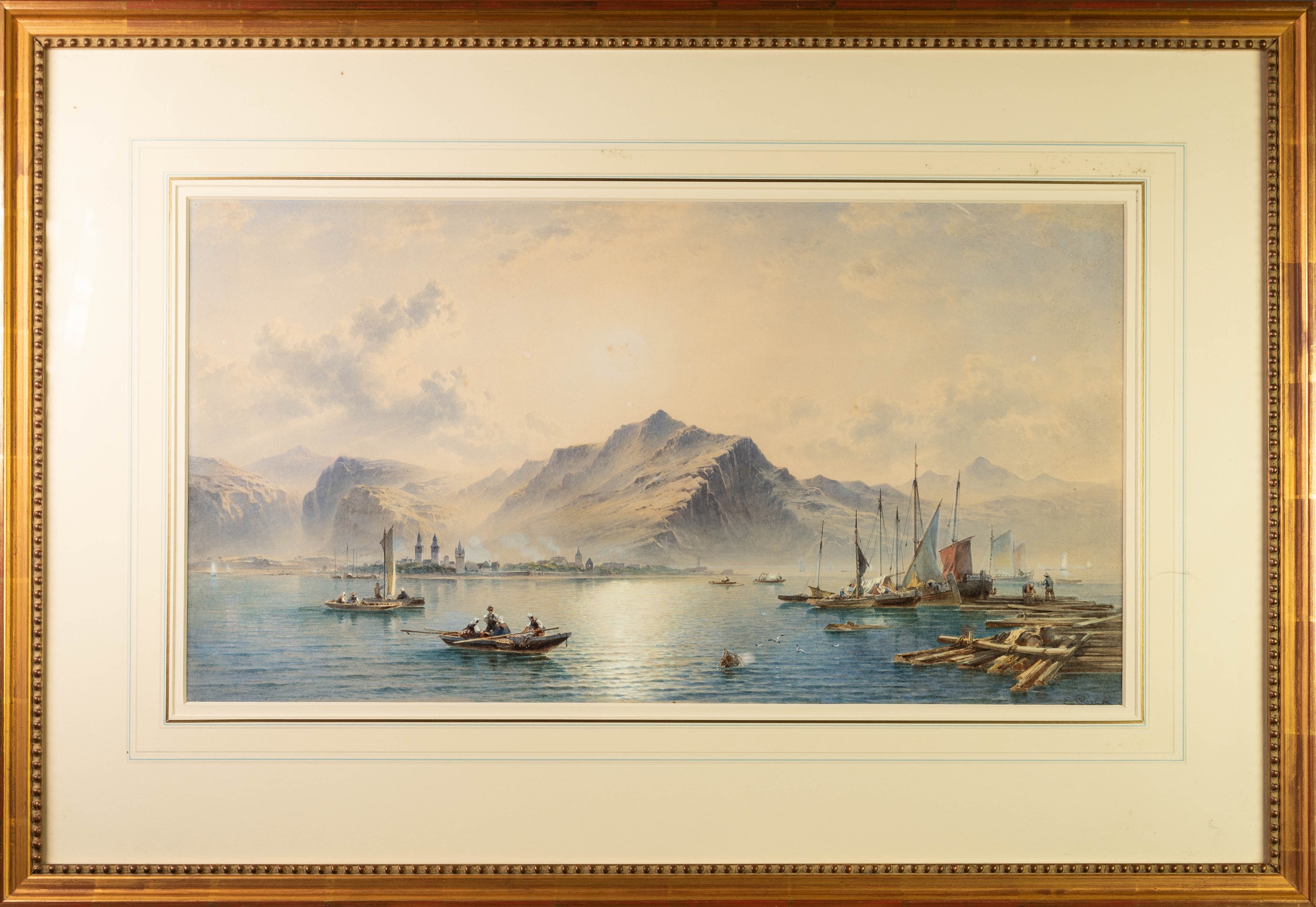 EMIL RIECK (Fl. 1858-1898) WATERCOLOUR A Continental lake scene, probably the Bodensee signed - Image 2 of 2