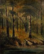 F.R. MORRIS OIL PAINTING ON CANVAS Wooded hillside with view in foreground Signed lower right 11 1/