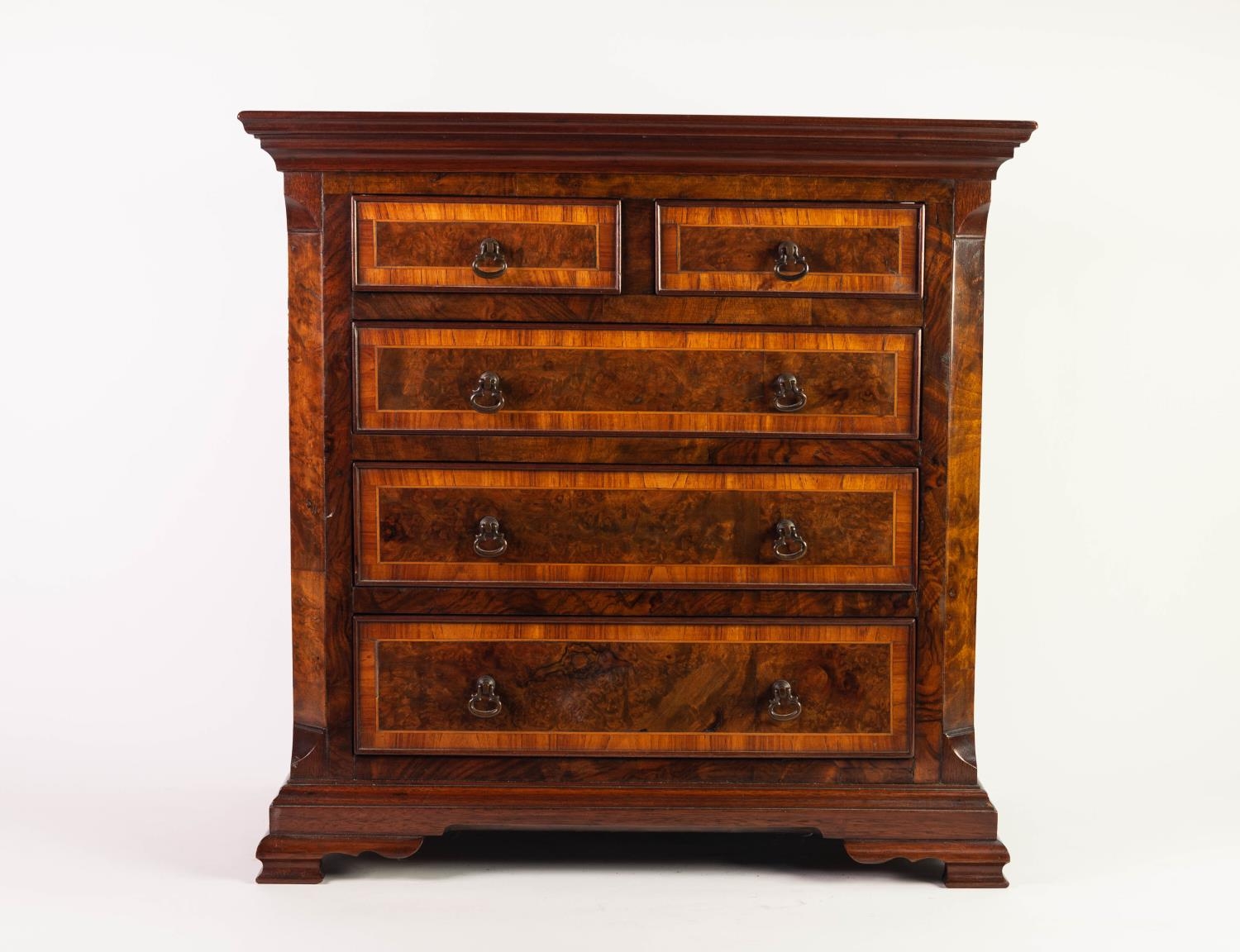 EARLY TWENTIETH CENTURY BURR WALNUT AND TULIPWOOD CROSSBANDED ?APPRENTICE PIECE? MINIATURE CHEST - Image 4 of 6