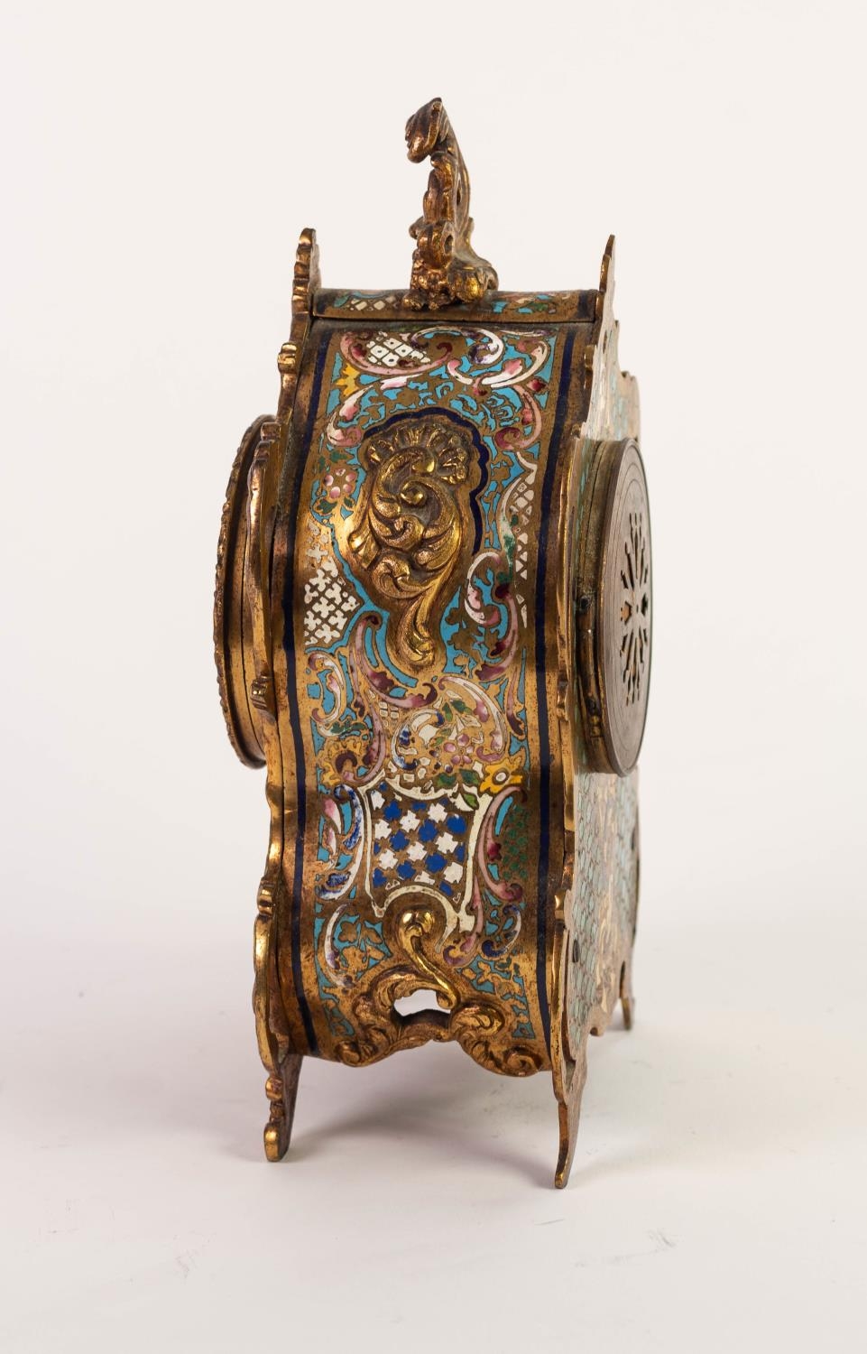 CIRCA 1900 FRENCH GILT METAL AND CHAMPLEVE ENAMEL ROCOCO REVIVAL CASED MANTEL CLOCK, the movement by - Image 6 of 8