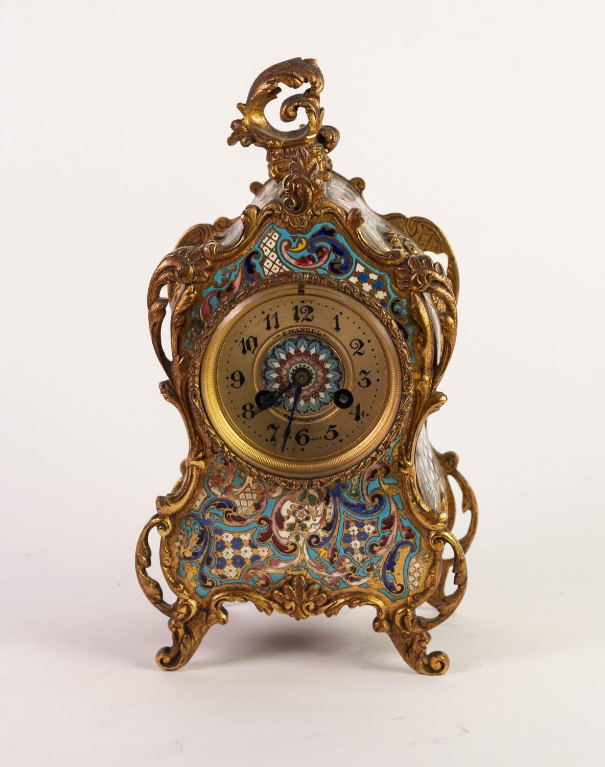 CIRCA 1900 FRENCH GILT METAL AND CHAMPLEVE ENAMEL ROCOCO REVIVAL CASED MANTEL CLOCK, the movement by - Image 3 of 8