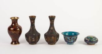 FIVE PIECES OF ORIENTAL CLOISONNE, comprising: PAIR OF HEXAGONAL OPEN CELL VASES, decorated with