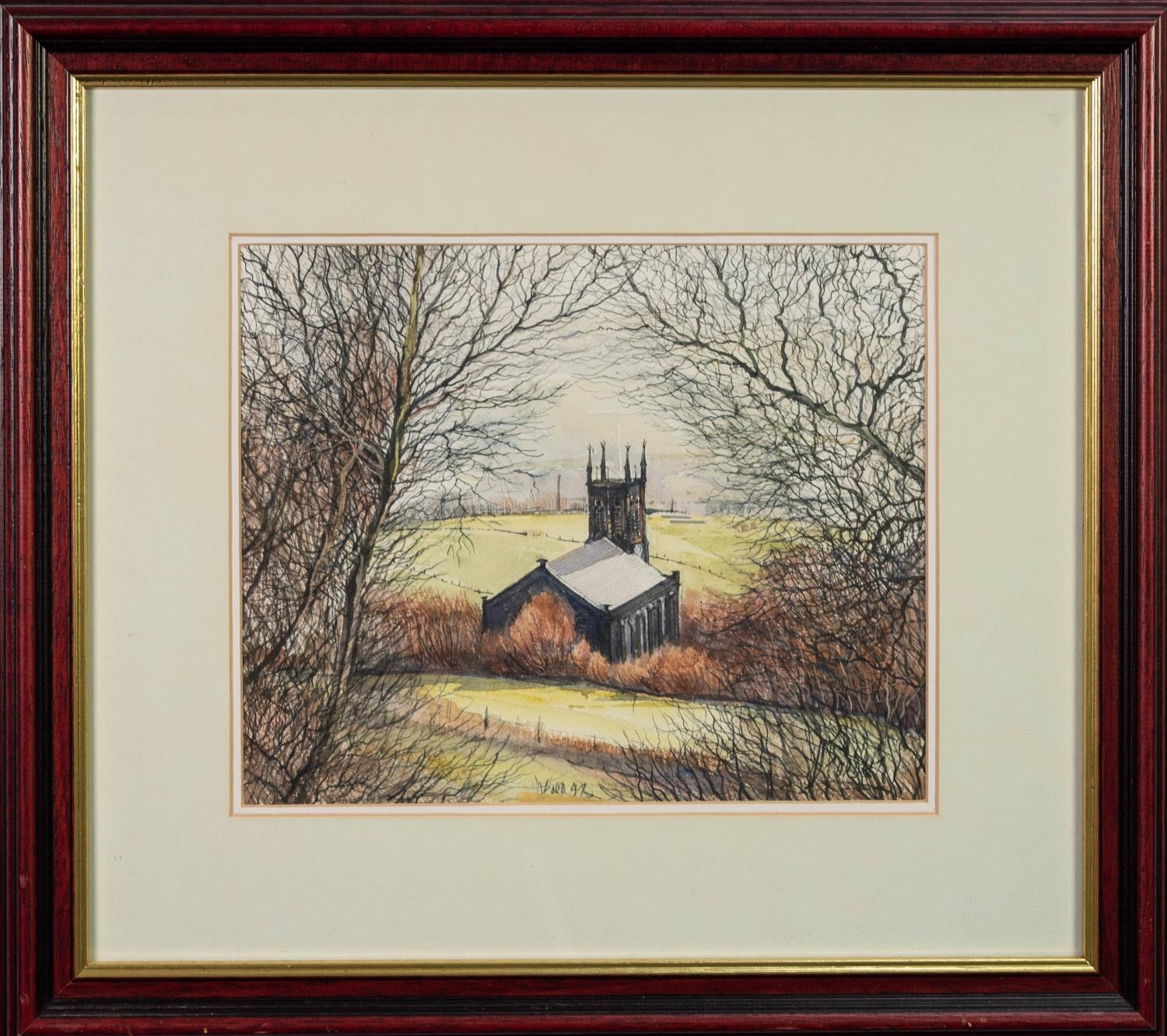 DAVID FORD WATERCOLOUR DRAWING Oldham landscape with church on hill Signed and dated (19)'91 8 3/4in - Image 2 of 2