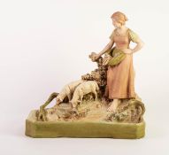 ROYAL DUX PORCELAIN FIGURAL SHALLOW DISH, painted in muted tones and gilt and modelled as a maid