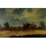 J. FARPNCA ?  OIL ON RELINED CANVAS A mail coach driven by four horses, travelling at speed