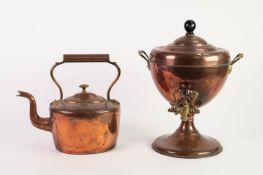 LATE VICTORIAN COPPER AND BRASS TWO HANDLE PEDESTAL TEA URN, the lid with ball finial, 14in (35.5cm)
