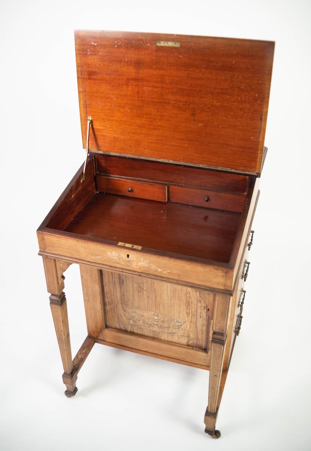 EDWARDIAN INLAID ROSEWOOD DAVENPORT DESK, of typical form with raised stationery compartment with - Image 2 of 2