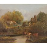 RACHEL PLUMBE (1838-1919) PAIR OF OIL PAINTINGS ON BOARD Village scene with church Woman on a